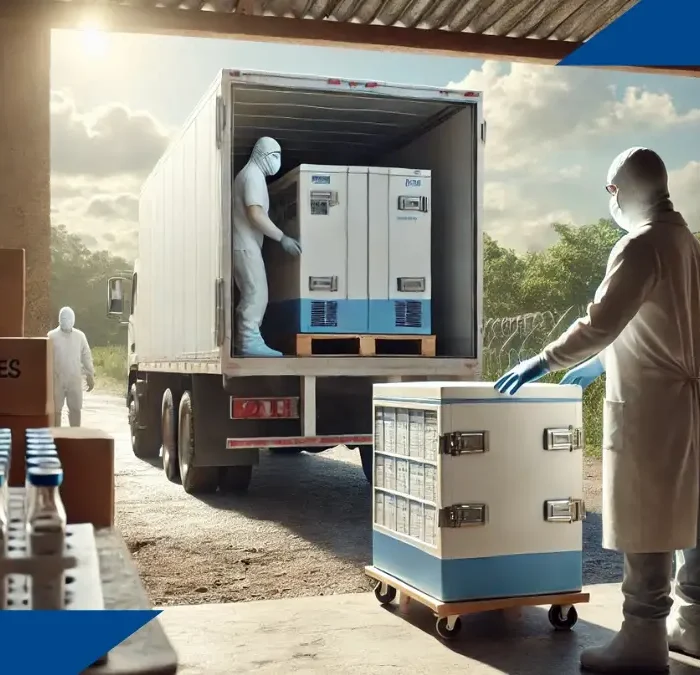 Trabajadores manejando contenedores refrigerados de vacunas en un almacén, asegurando la cadena de frío durante el proceso logístico para el transporte en camiones especializados.