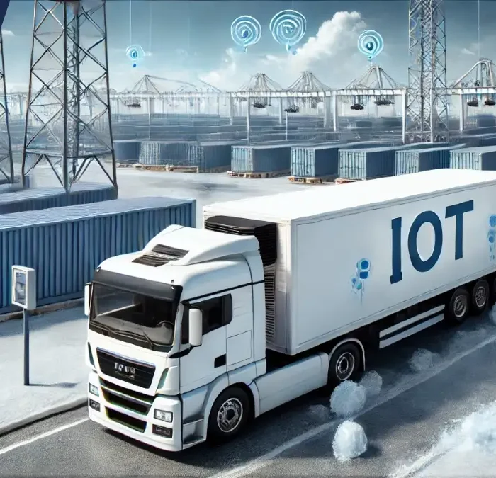 Camión de transporte refrigerado con tecnología IoT en un puerto logístico rodeado de contenedores y grúas.