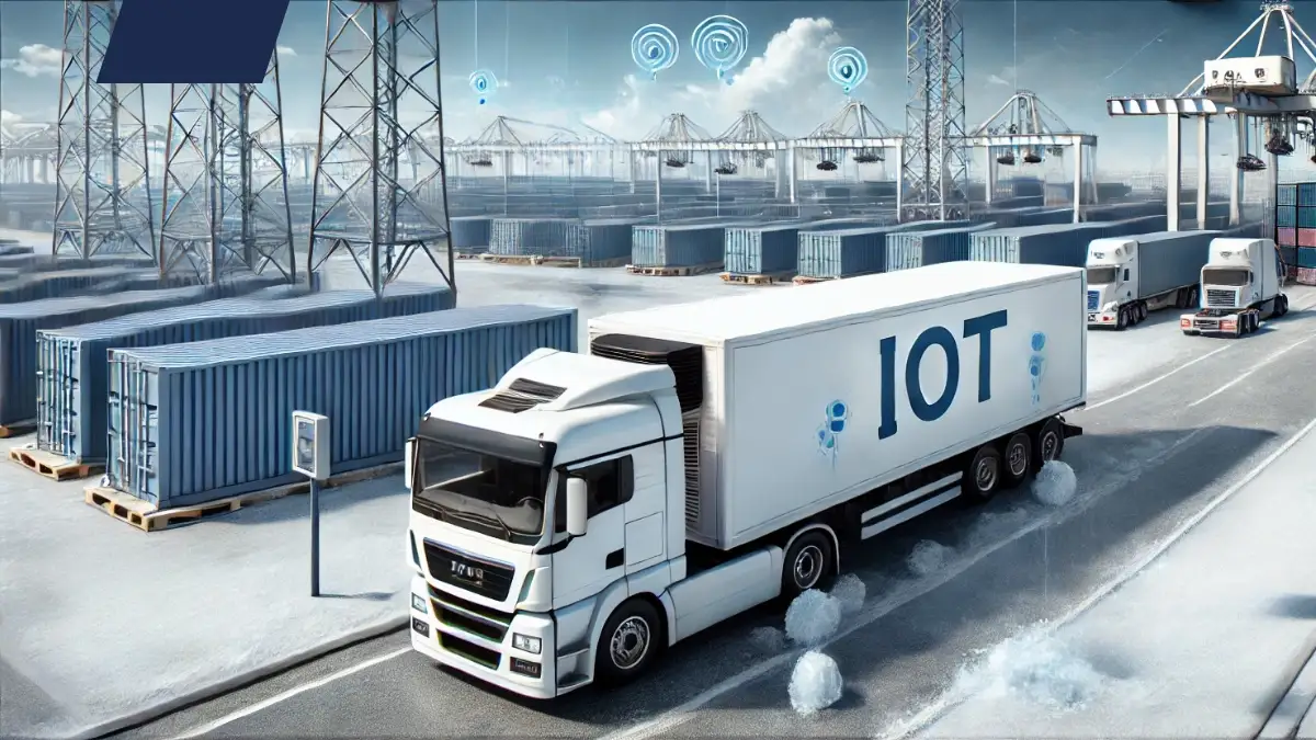 Camión de transporte refrigerado con tecnología IoT en un puerto logístico rodeado de contenedores y grúas.