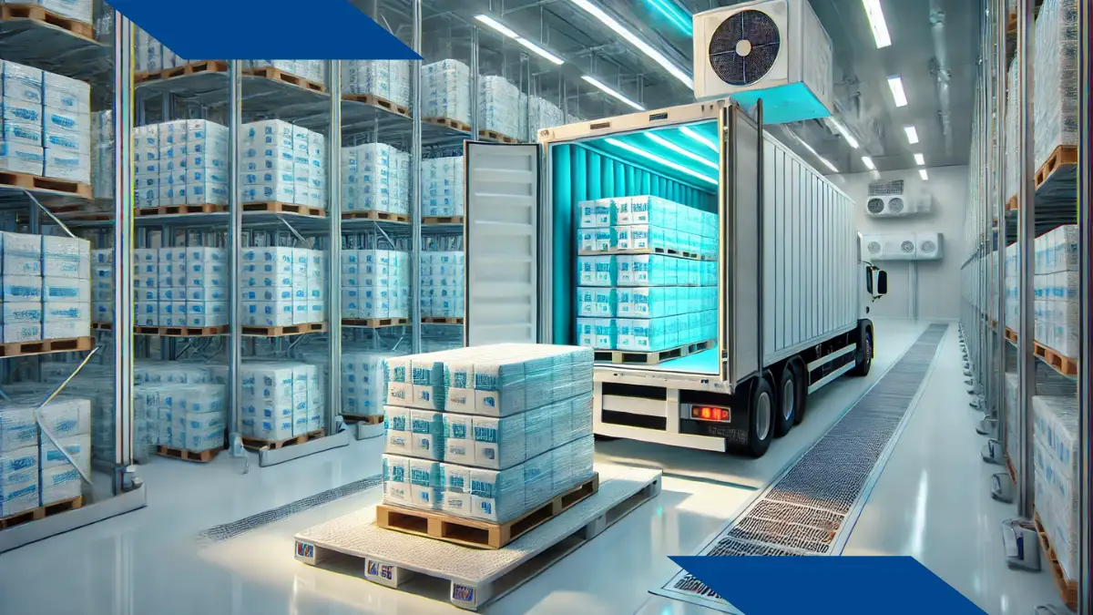 Almacén de cadena de frío con un camión refrigerado cargando pallets protegidos para mantener la temperatura óptima en la logística de productos sensibles.