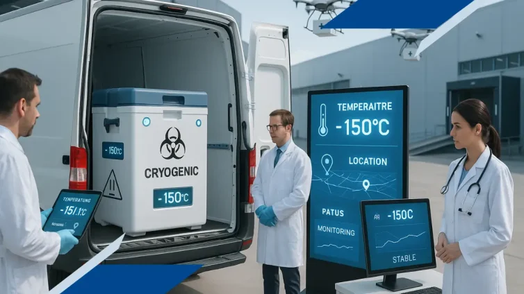 Operación avanzada de cadena de frío farmacéutica con contenedor criogénico y monitoreo digital en tiempo real