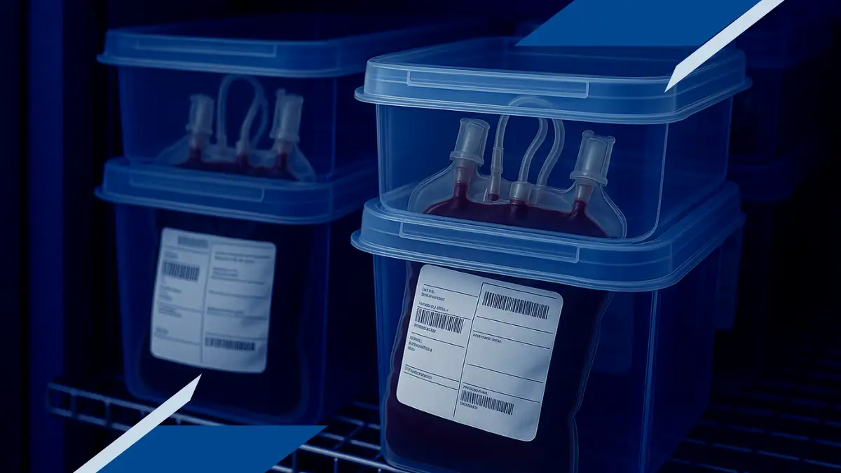 Bolsas de sangre almacenadas en contenedores plásticos dentro de un refrigerador médico, ilustrando el monitoreo de la cadena de frío en bancos de sangre