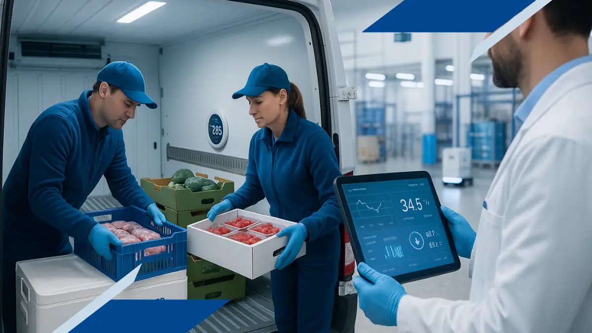 Personal técnico cargando alimentos perecederos en un vehículo refrigerado mientras supervisan datos de temperatura en tiempo real, dentro de un centro logístico moderno y climatizado.