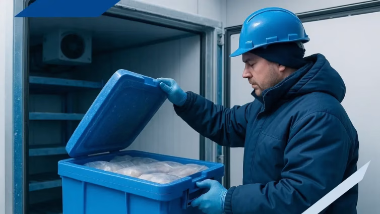 Técnico inspecciona alimentos congelados en contenedor azul dentro de cámara de refrigeración industrial