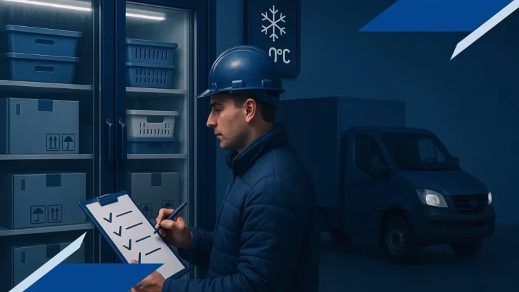 Trabajador revisando checklist frente a cámara de refrigeración con alimentos perecederos, controlando temperatura para mantener la cadena de frío