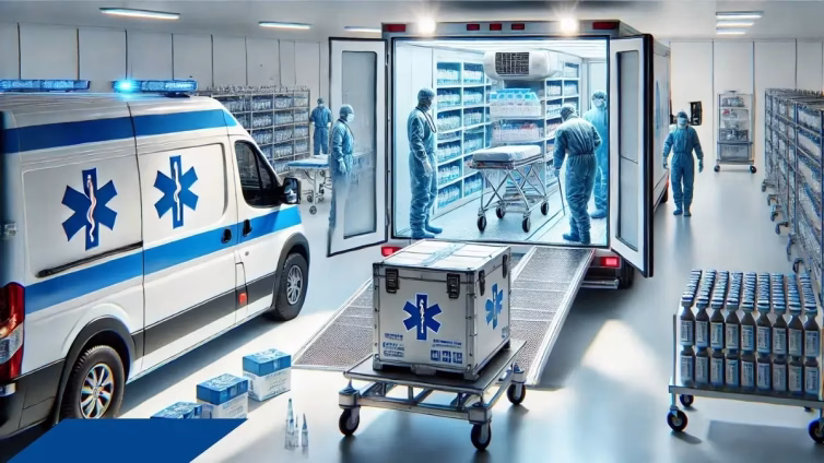 Unidad médica móvil y personal sanitario preparando insumos en cámara refrigerada para emergencias sanitarias