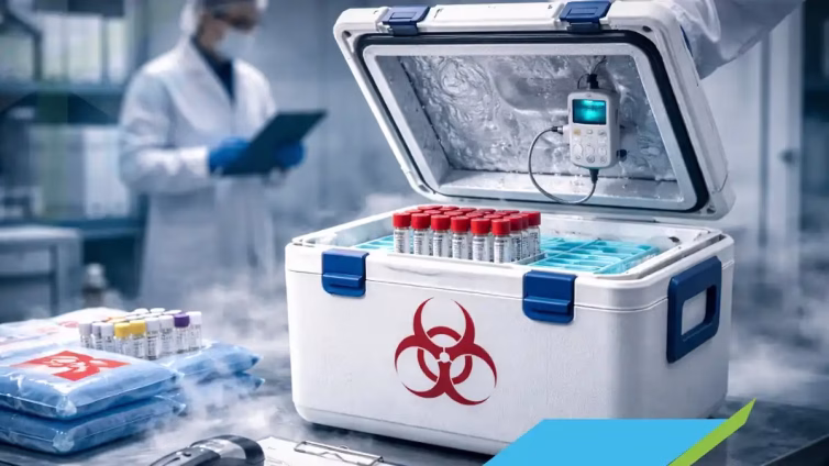 Transporte de muestras biológicas en cadena de frío con contenedor térmico abierto, viales clínicos organizados, sensores de temperatura y monitoreo en entorno de laboratorio controlado