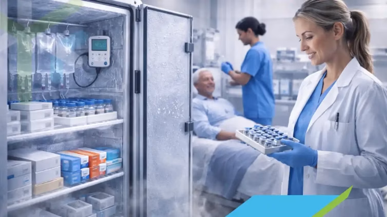 Refrigerador hospitalario con medicamentos bajo temperatura controlada, monitoreo digital y personal médico gestionando viales en entorno clínico con paciente en atención