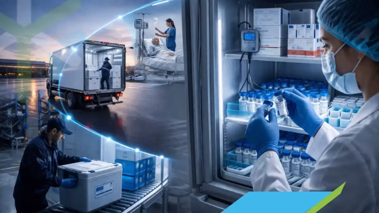 Operación de cadena de frío con personal manipulando viales en contenedor térmico, carga en transporte refrigerado y control en entorno logístico farmacéutico