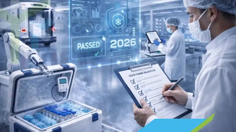 Validación de cadena de frío en logística farmacéutica con técnico revisando checklist, contenedor térmico con viales y monitoreo de temperatura en entorno controlado